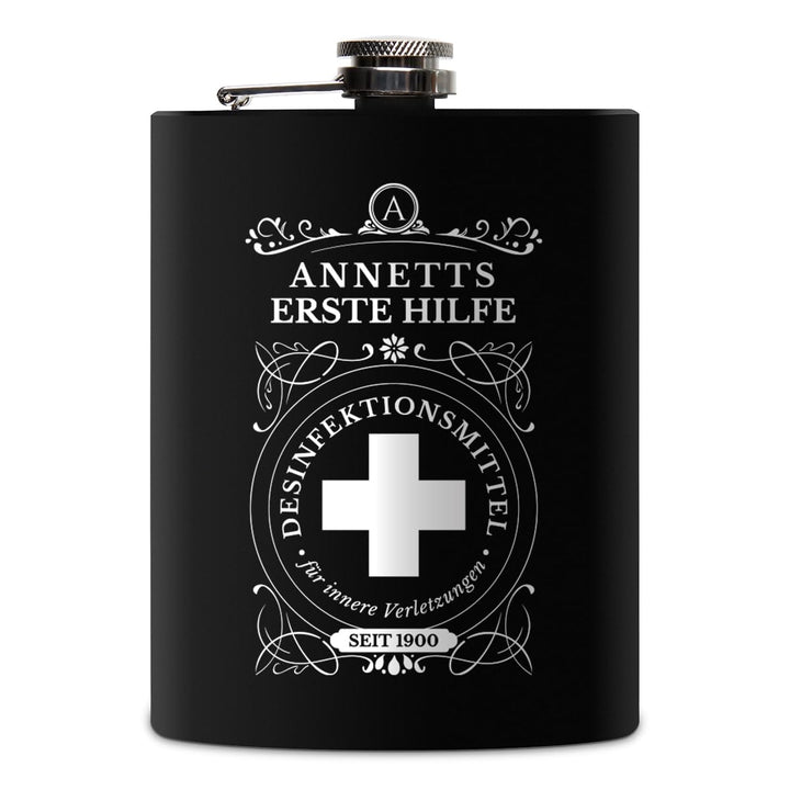 Flachmann Edelstahl Schwarz Matt 237 ml 8 oz individuelle Gravur in Silber - Erste Hilfe, Erste Hilf