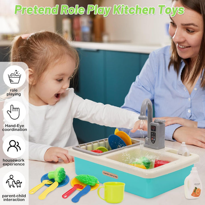 Küchenspüle Spielzeug Set mit Wasserkreislauf, Spielspüle Kinder mit Fliessendem Wasser, Matschküche