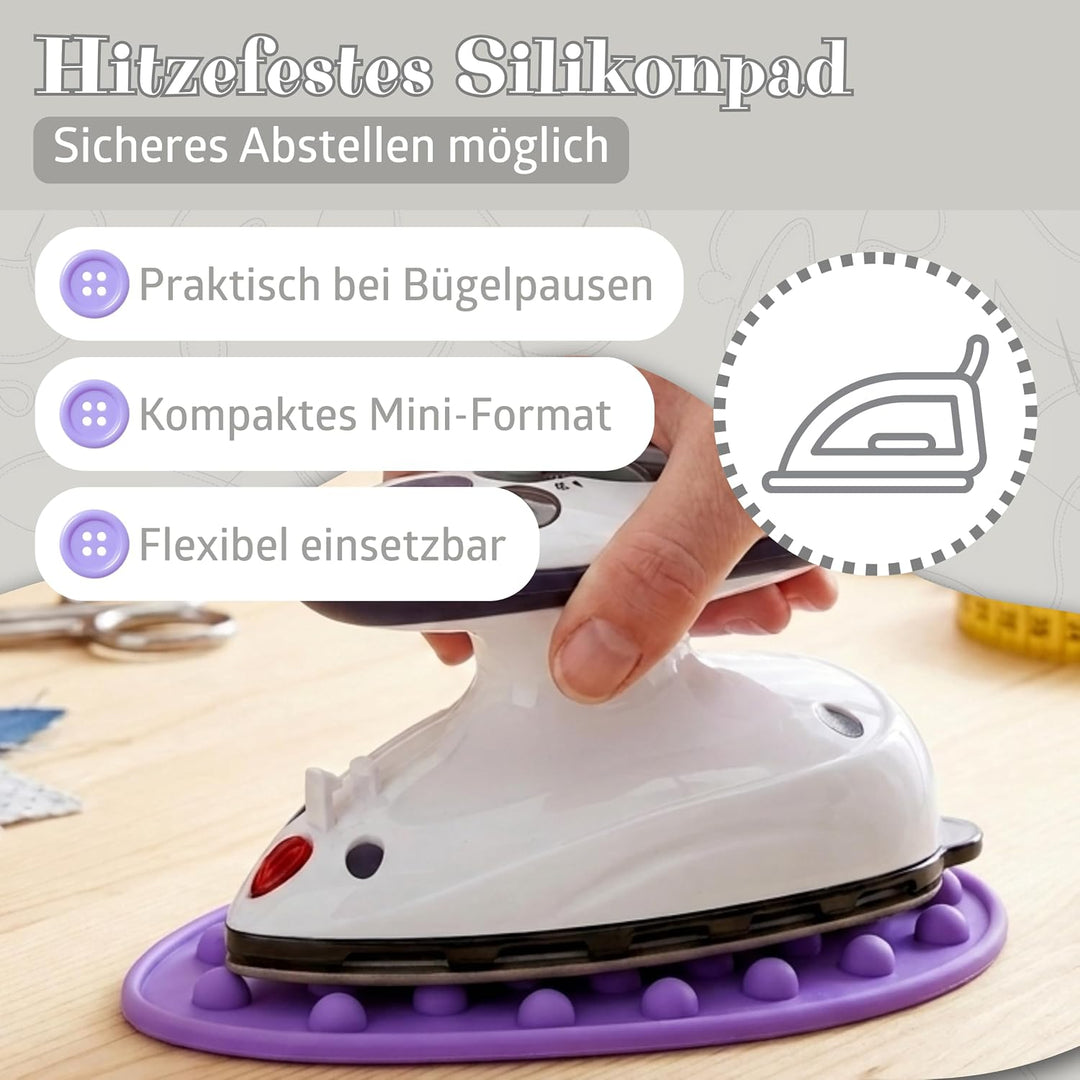 Prym Mini Dampf Bügeleisen Mit SEMPLIX Silikon Ablage (lila) Im Set, Kleines Leichtes Dampf Bügeleis