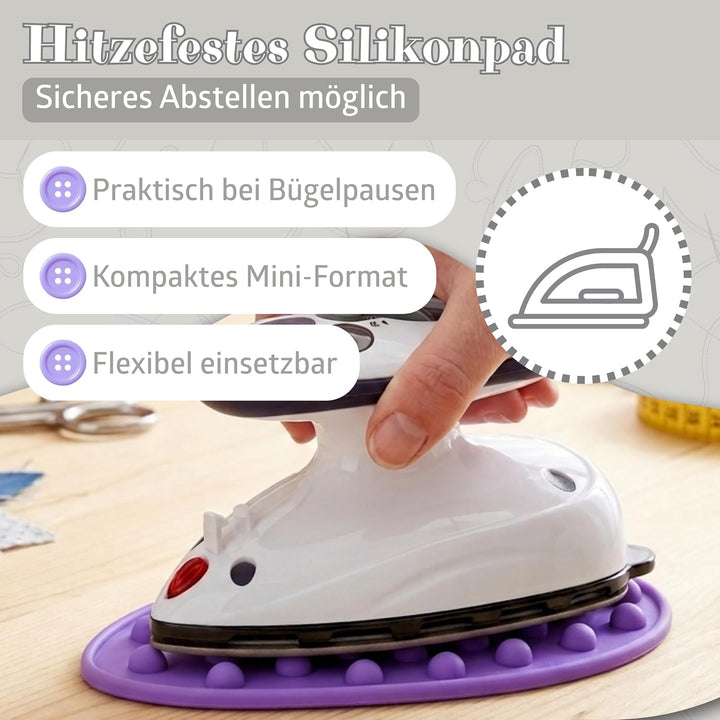 Prym Mini Dampf Bügeleisen Mit SEMPLIX Silikon Ablage (lila) Im Set, Kleines Leichtes Dampf Bügeleis