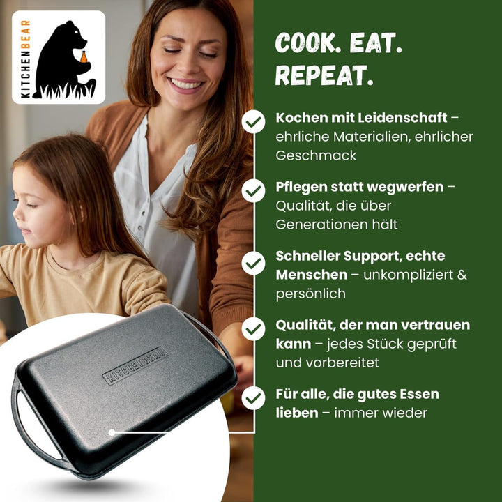 KITCHENBEAR - Grillplatte aus Gusseisen inkl. Silikonmatte - geeignet für Induktion, Gas, Ceran, Bac