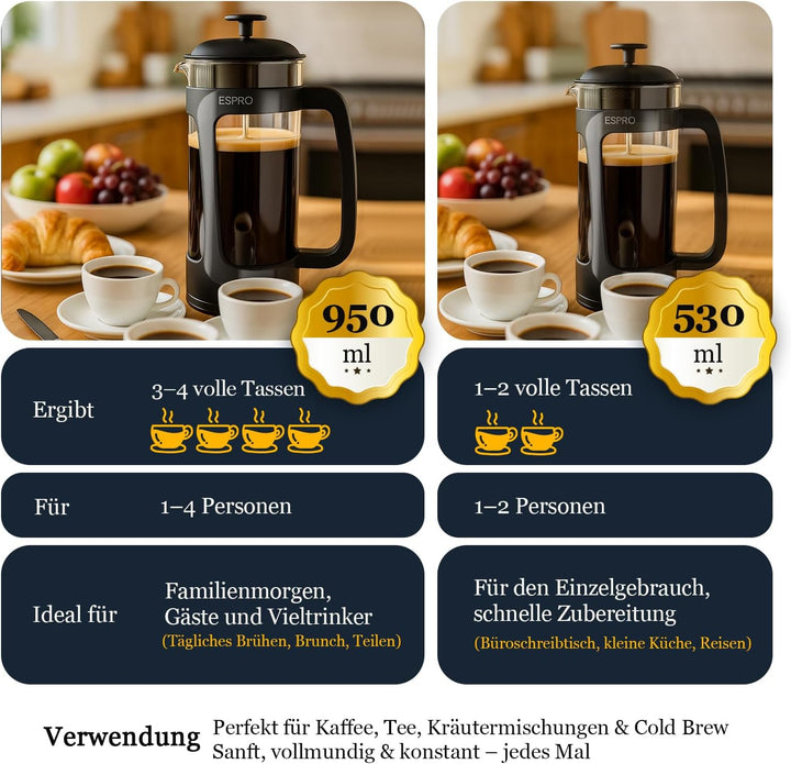 ESPRO P3 French Press Kaffeebereiter – Mit patentiertem Doppelfilter für kaffeefreien Satz, Schwarz,