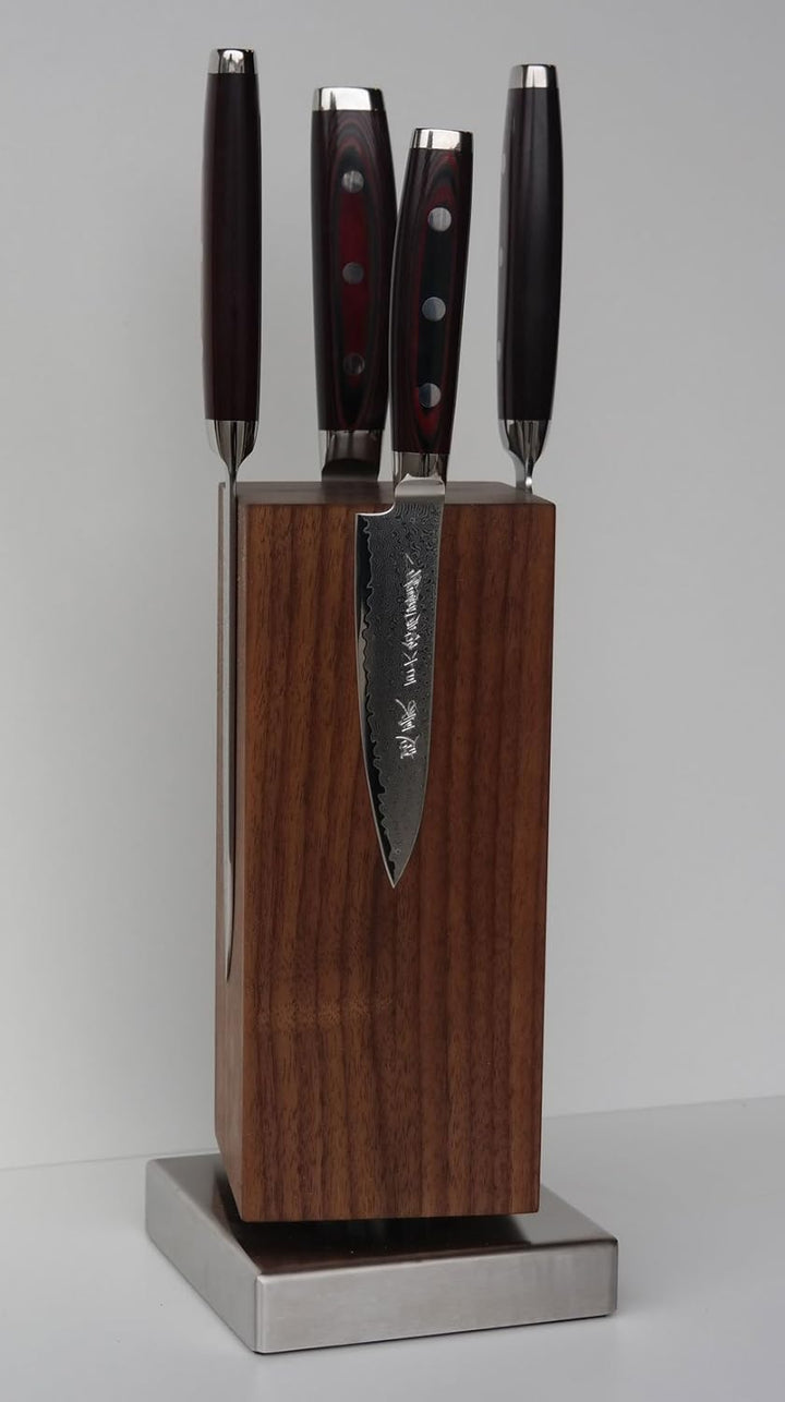 Blockwerk Magnet Messerblock"Monolith" Nussbaum + 4 Super Gou 161 Damastmesser + Messerschärfer MINO