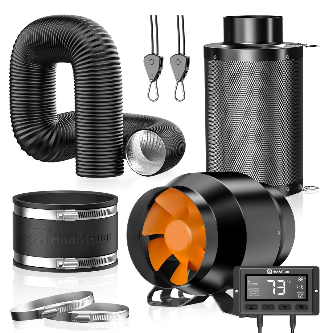 Hon&Guan Abluftset 100mm, Rohrventilator 100mm mit Temperatur- und Feuchtigkeitsregler, Aktivkohlefi