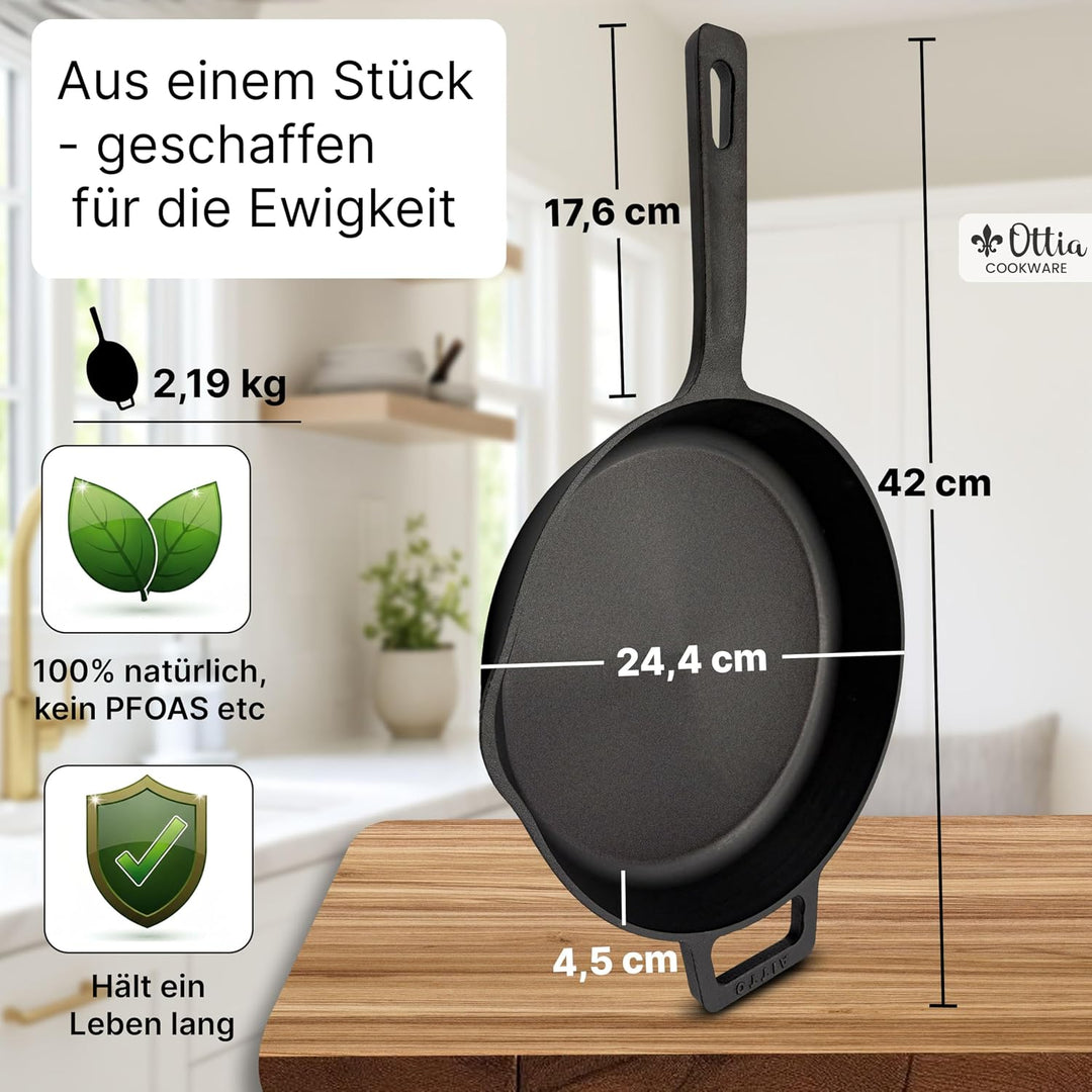 Ottia reine Gusseisenpfanne Induktion 24cm (ungeschliffen), kratzfest, frei von PFOAS und co, inkl e