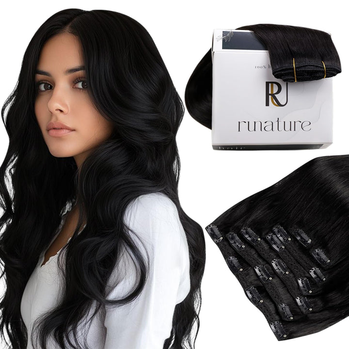 RUNATURE Extensions Echthaar Clip Schwarz 50cm 7Pcs Seamlaee Clip in Extensions Echthaar Natürliches