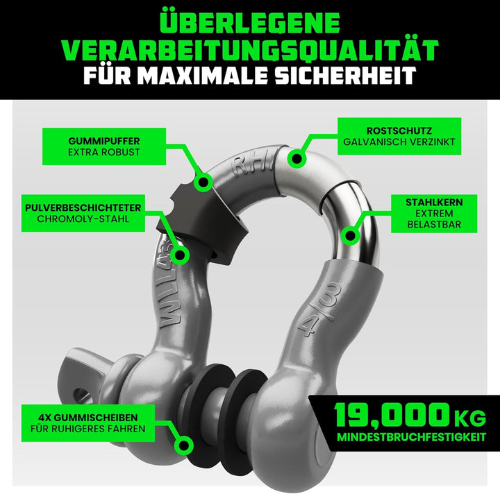 Rhino USA D-Ring-Schäkel (2 Pack) - 18.983kg Bruchfestigkeit - Schwerlast 1,9 cm Augbolzen Schäkeln