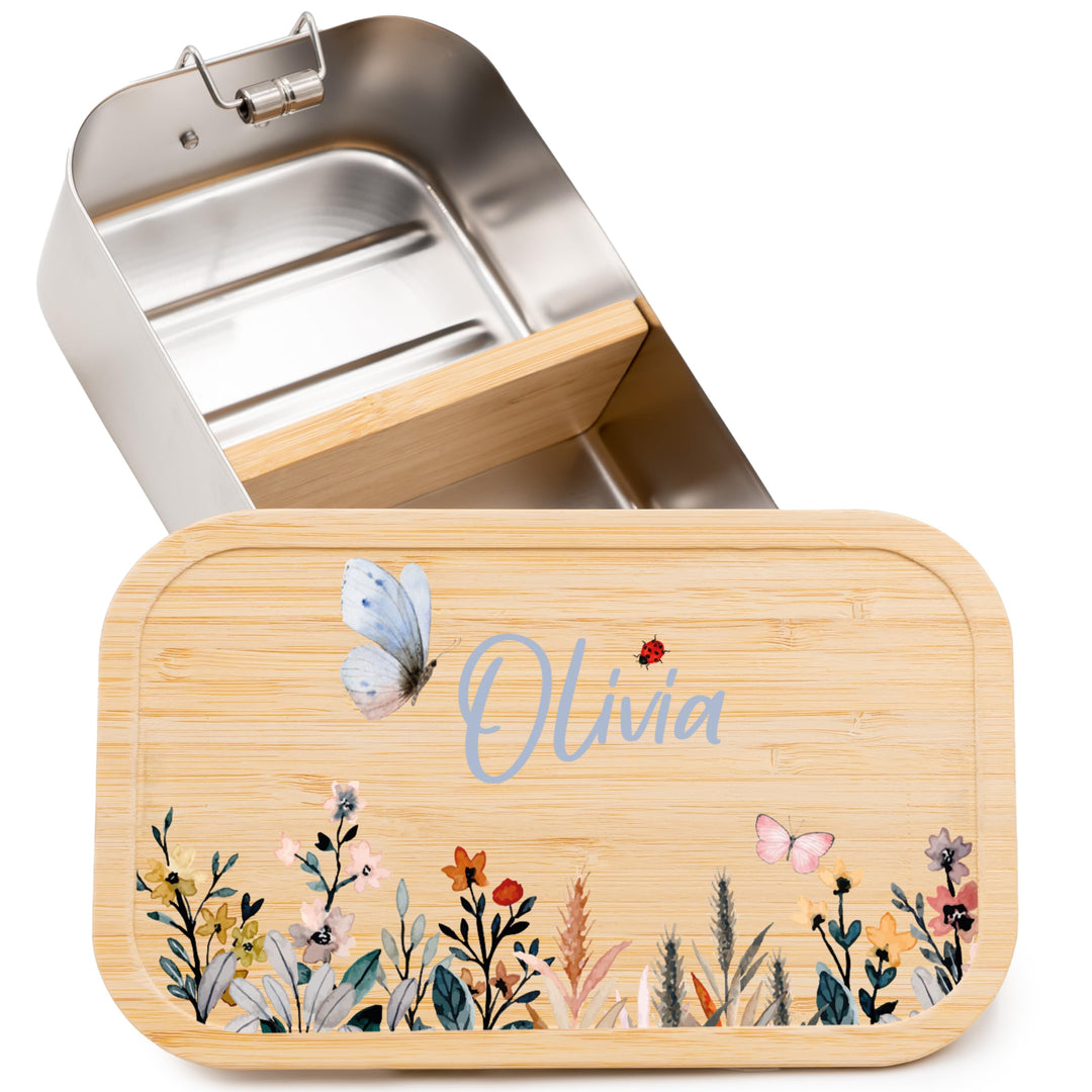 Kidsmood - Personalisierte Brotdose Kinder mit Fächern, Edelstahl Lunchbox mit Bambusdeckel | Schads
