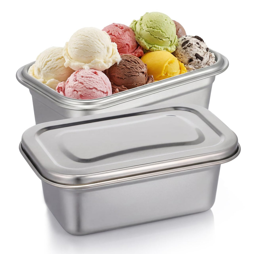 PRETYZOOM Eisbehälter für Speiseeis, 2 Stück 0.6L Edelstahl Eiscremebehälter mit Deckel, Luftdichter