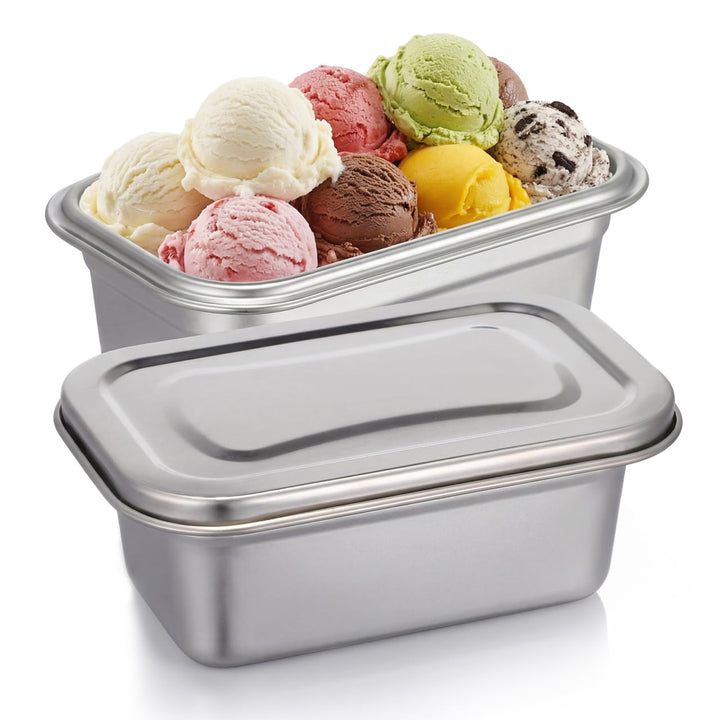 PRETYZOOM Eisbehälter für Speiseeis, 2 Stück 0.6L Edelstahl Eiscremebehälter mit Deckel, Luftdichter