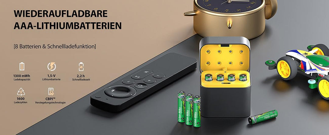 tka Köbele Akkutechnik Li Ion Ladegerät: 8er-Set Li-Ion-Akkus Typ AAA, mit USB-C-Ladebox, 1300 mWh,