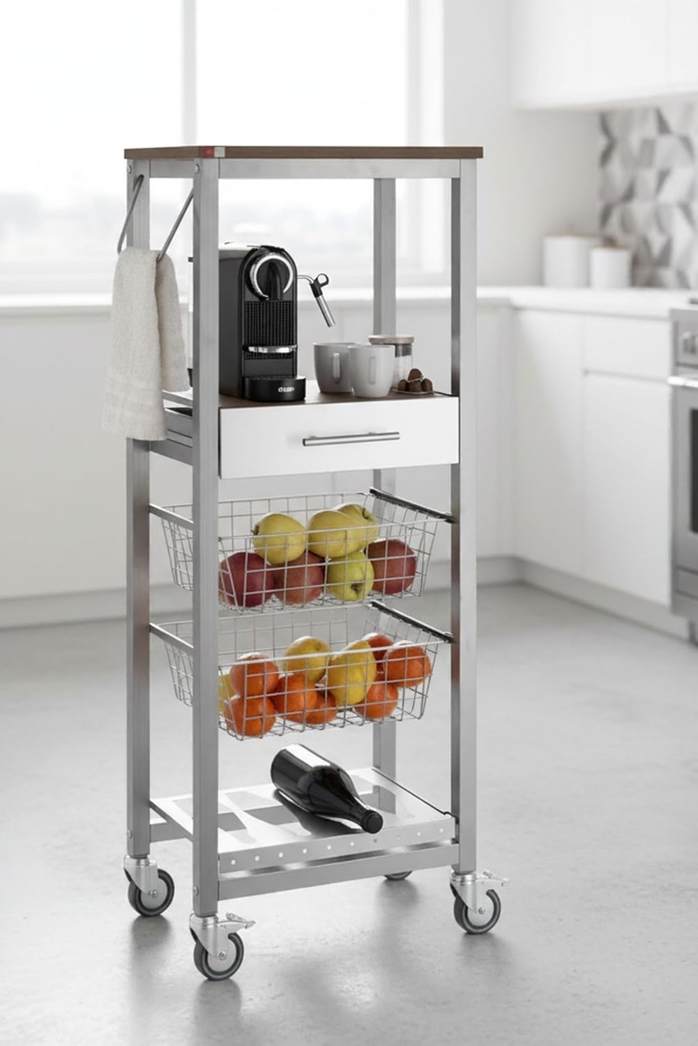DON HIERRO -Küchenwagen ONDA Alto – Metall-Beistellmöbel in Aluminiumoptik mit 2 Körben, Schublade u