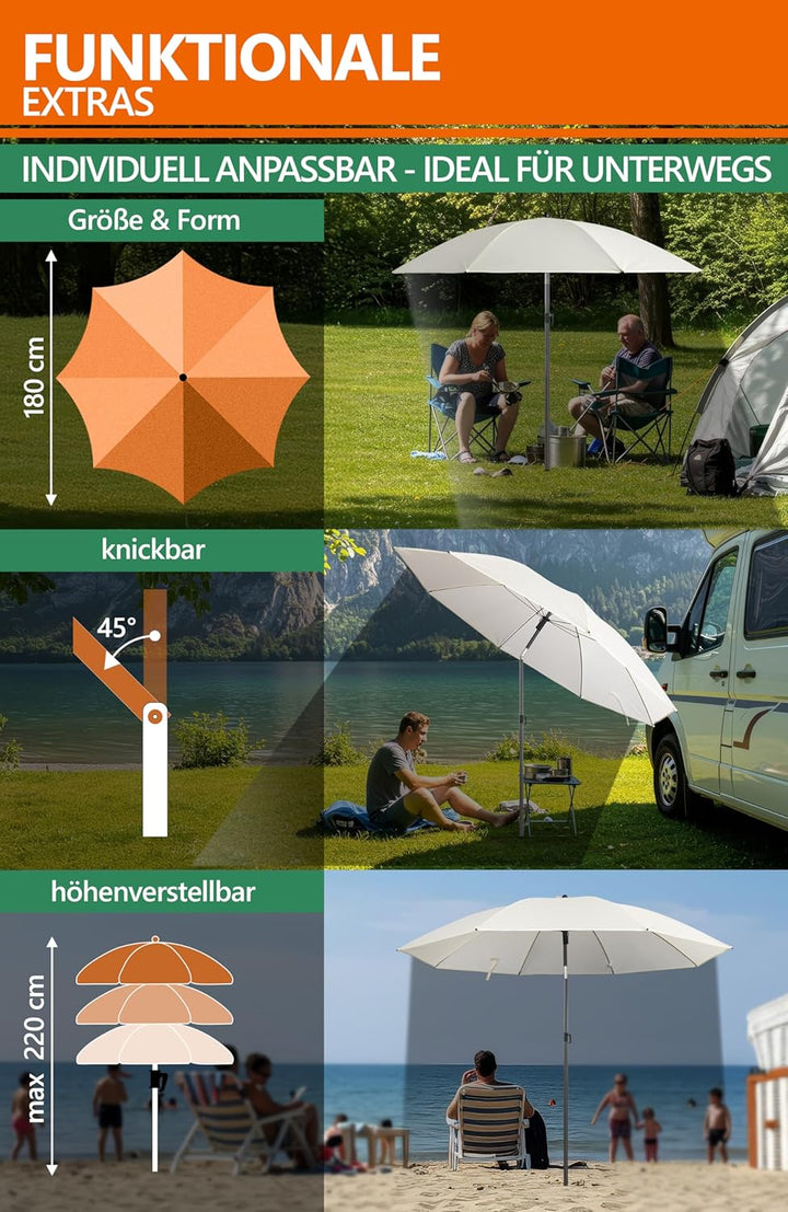 4smile Sonnenschirm Strand SunnyJoy 3-IN-1-SET, Fb. Beige - Strandschirm Ø 180 cm + Bodenhülse + Sch