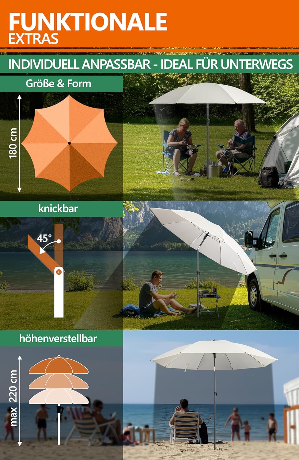 4smile Sonnenschirm Strand SunnyJoy 3-IN-1-SET, Fb. Beige - Strandschirm Ø 180 cm + Bodenhülse + Sch