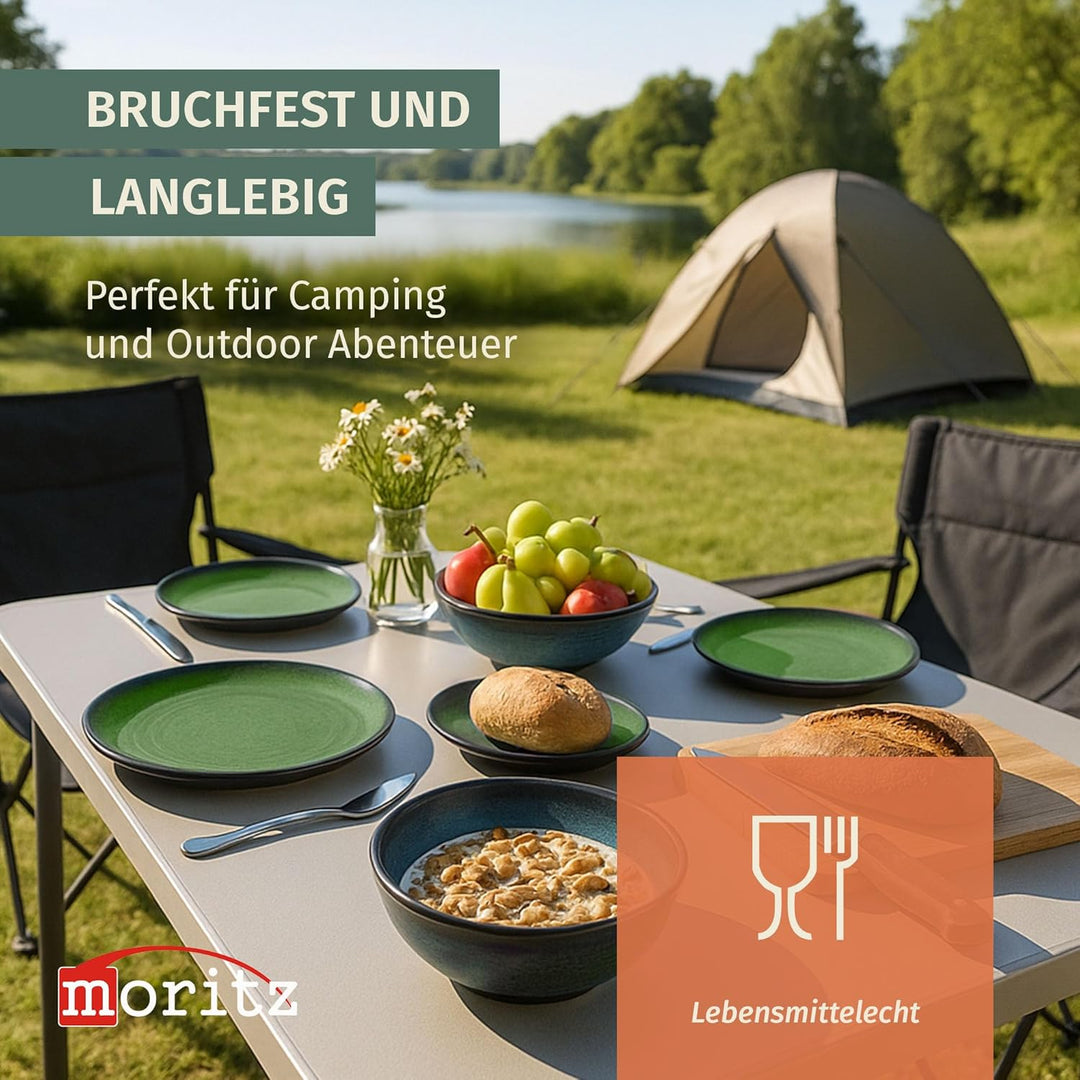 Melamin Camping Geschirr Set 4 Personen Stone Green + 4 Timo Champgner Gläser Flûtes Tafelgeschirr P