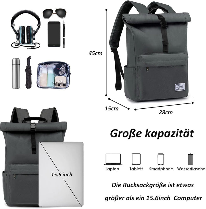 TANTOMI Rucksack Damen Herren, Rucksack Laptop Tasche 15,6 Zoll, Laptop Rucksack Damen Herren weit ö
