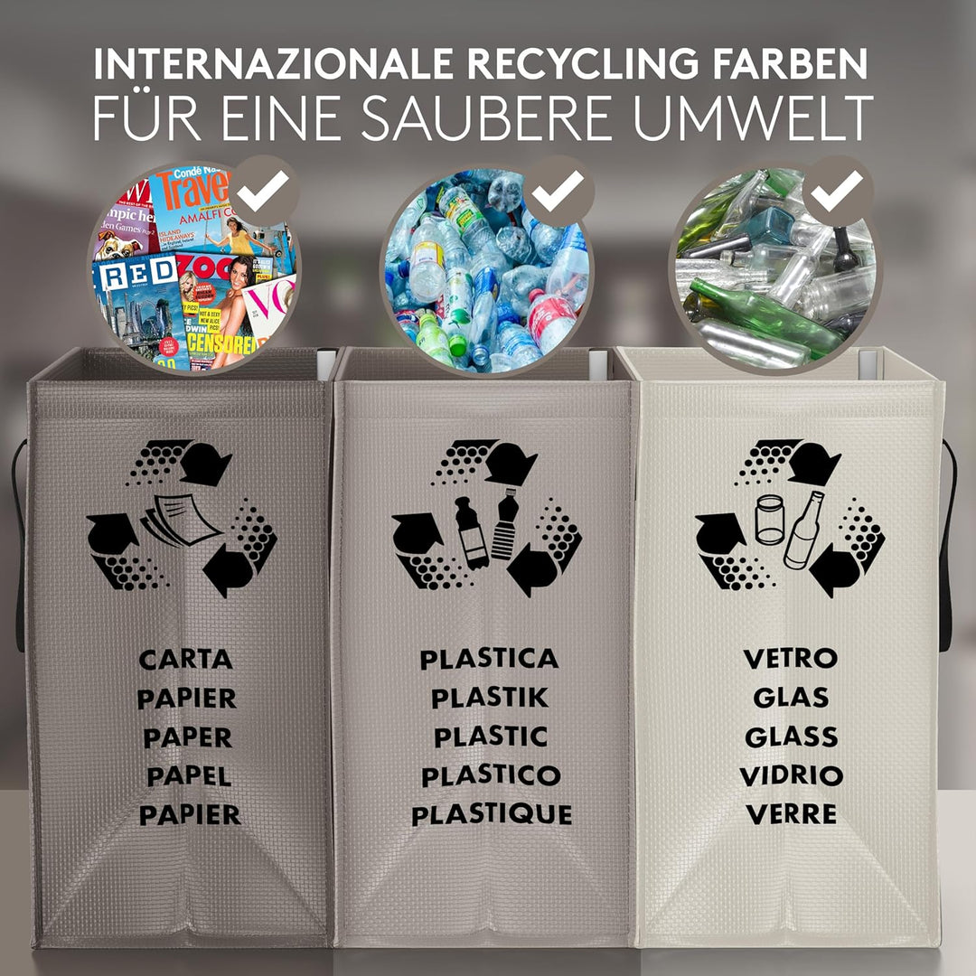 PTMS® Mülltrennsystem Taschen für Papier, Glas und Plastik - Umweltfreundliche Mülleimer 3 Fächer -