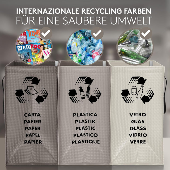 PTMS® Mülltrennsystem Taschen für Papier, Glas und Plastik - Umweltfreundliche Mülleimer 3 Fächer -