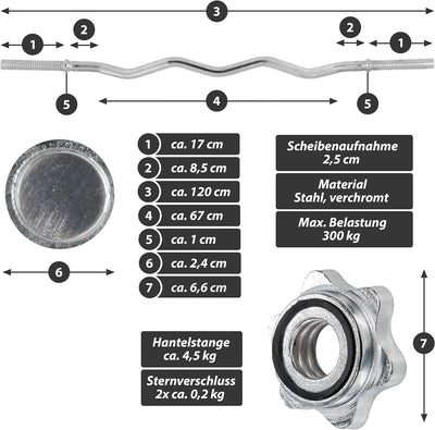 MAXXIVA Curl-Set 120 cm 23.5 kg 8 Gewichte Krafttraining Zugstange silber verchromt Bodybuilding Fit