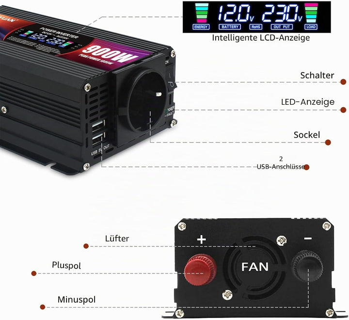 LVYUAN Wechselrichter 12V 230V 900W Spannungswandler Stromumwandler mit EU Steckdosen, 2 USB, Alliga
