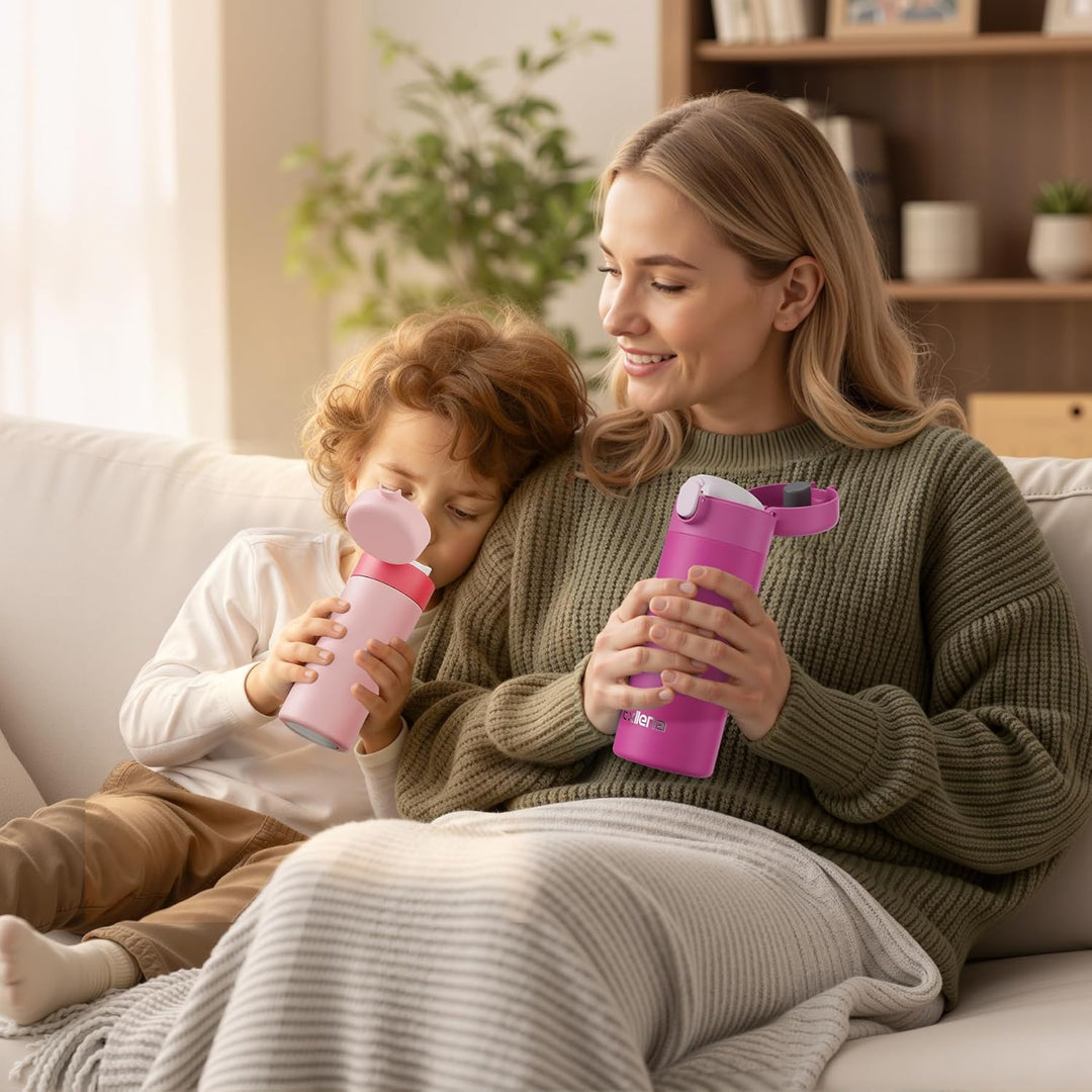 Exllena Kleine Thermosflasche 380ml mit Einhand-Flip-Deckel - Mini Thermosflasche aus Edelstahl, 100