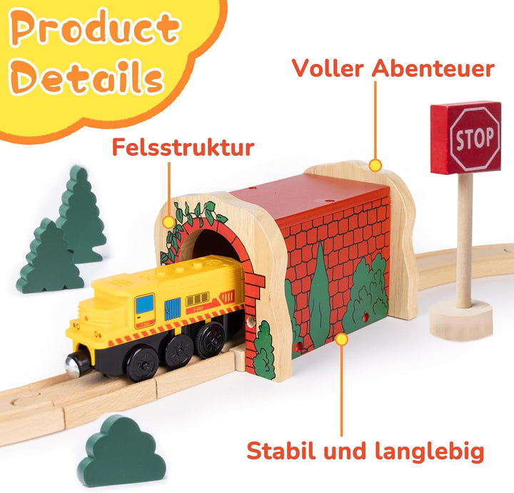 Holzeisenbahn Roter Tunnel Set mit 2 Kurzen Geraden, Holzeisenbahn Zubehör kompatibel mit führenden