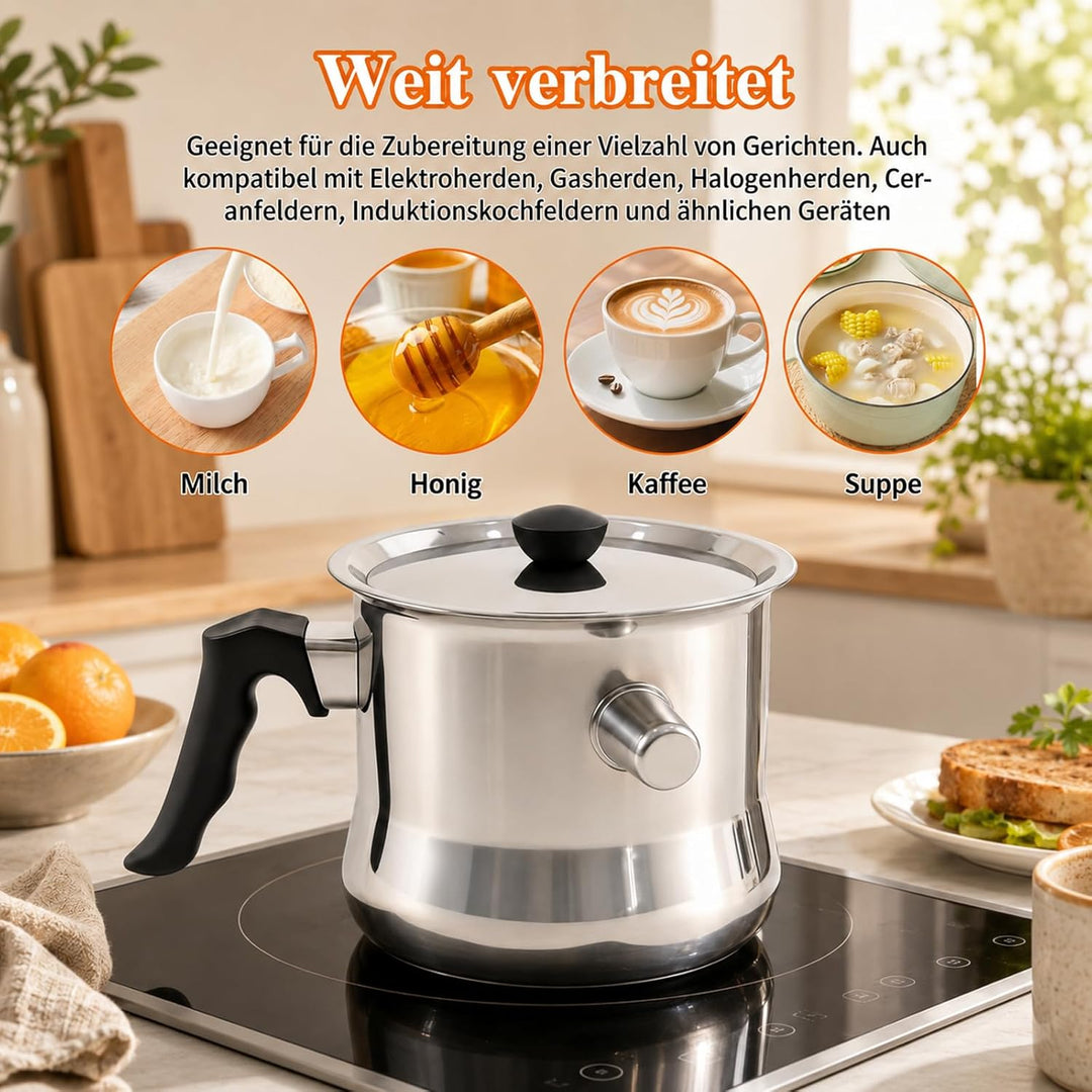 Milchtopf Induktion mit Deckel, 1.5L Milchtopf Doppelwandig, Simmertopf aus Edelstahl, Geeignet für