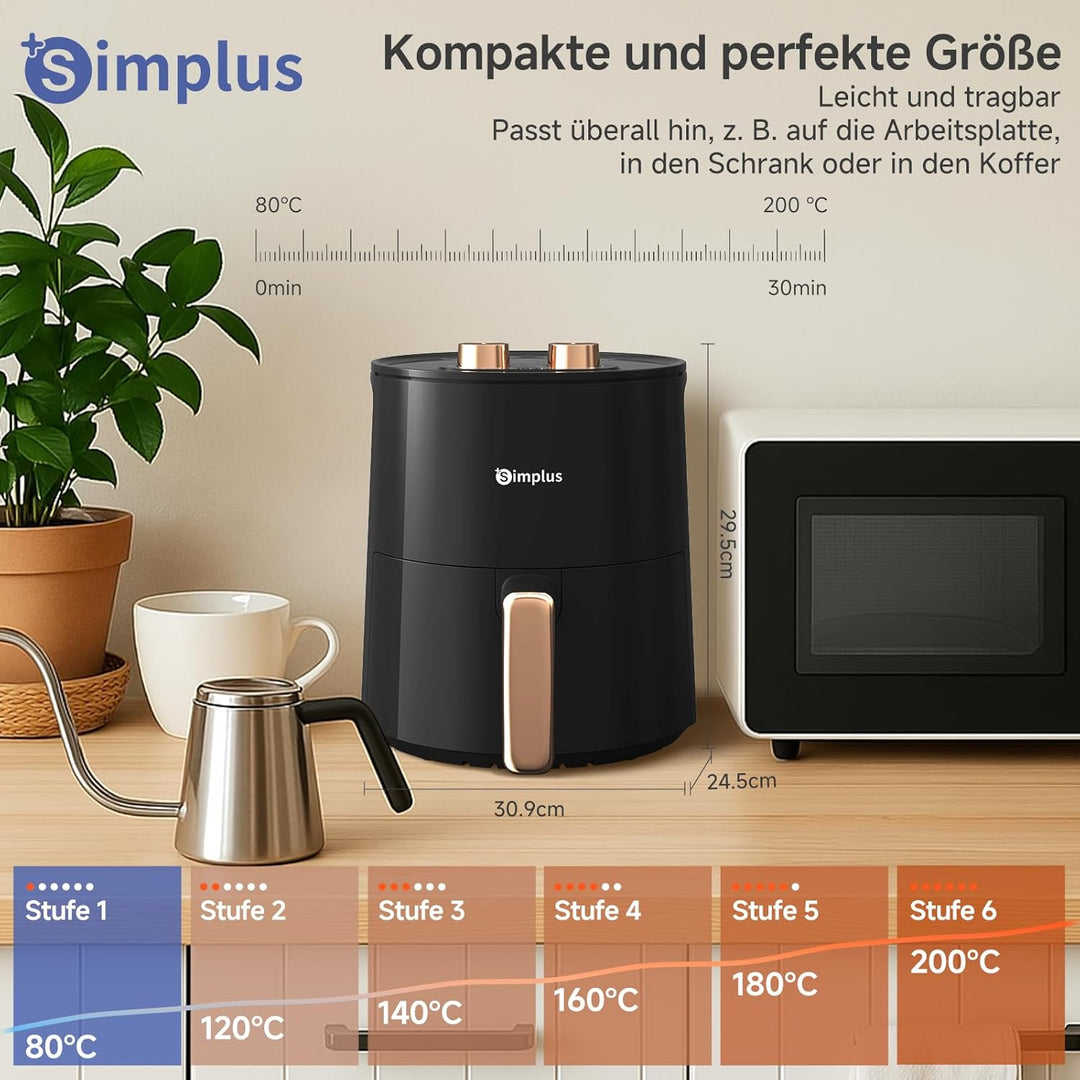 SIMPLUS Heissluftfritteuse 4L, 1300W Airfryer ohne Öl, 360° Heissluftzirkulation, 6 Temperaturstufen