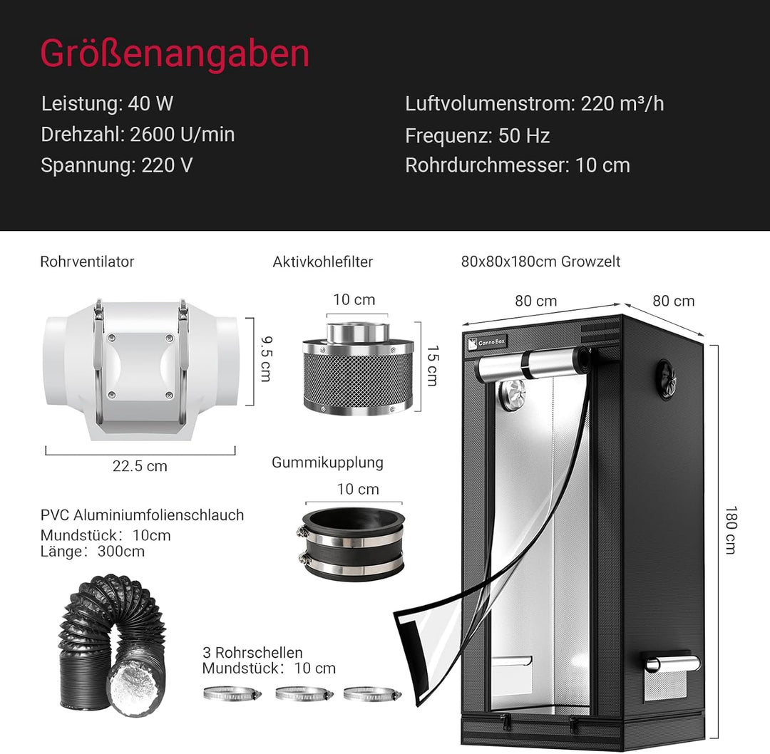 Pro Growzelt Komplettset mit Growzelt 80x80x180 cm und Regelbar Rohrventilator 100mm Set Belüftungss