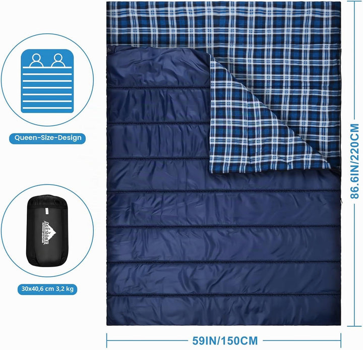 Baumwollflanell-Doppelschlafsack für Camping, Wandern oder Wandern. Queen Size 2 Person wasserdichte