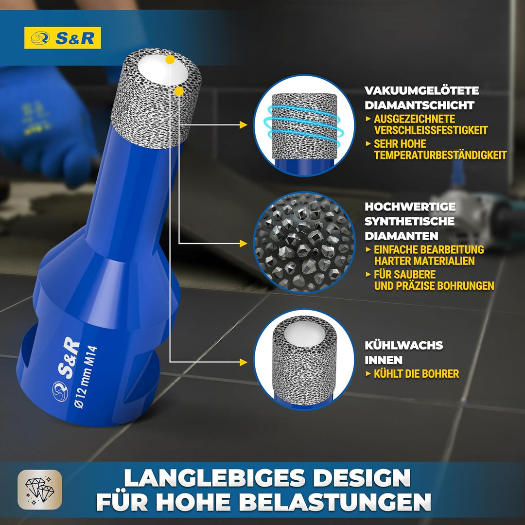 S&R Professional 2-tlg Diamantbohrer M14, Diamant Fliesenbohrer Set 12mm für Winkelschleifer, für Ha