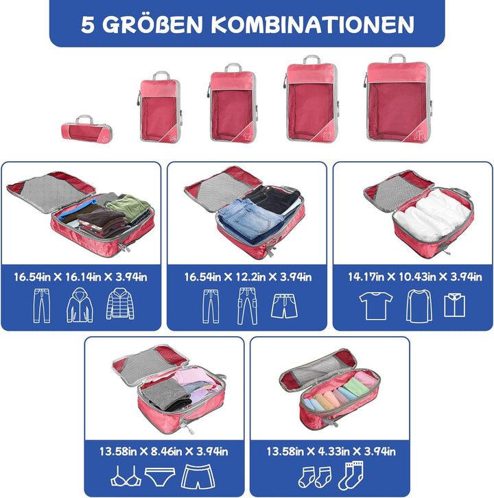 5-teilig Kompressions Packwürfel Set für Reisen, Compression Packing Cube zur Organisation Ihres Rei