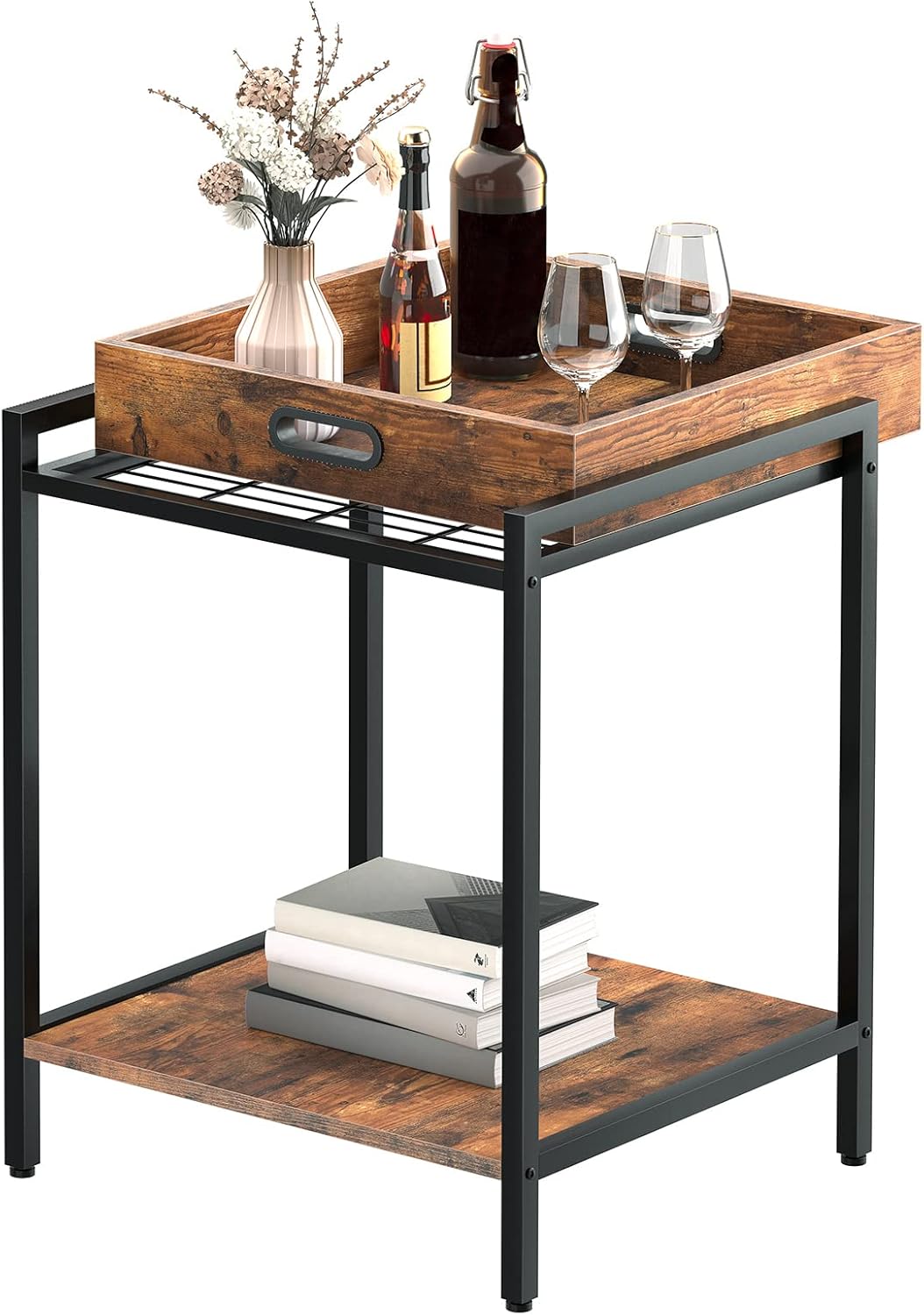 HOOBRO Beistelltisch, Sofatisch mit herausnehmbarem Tablett, Nachttisch mit offenen Regalen, Snack-T