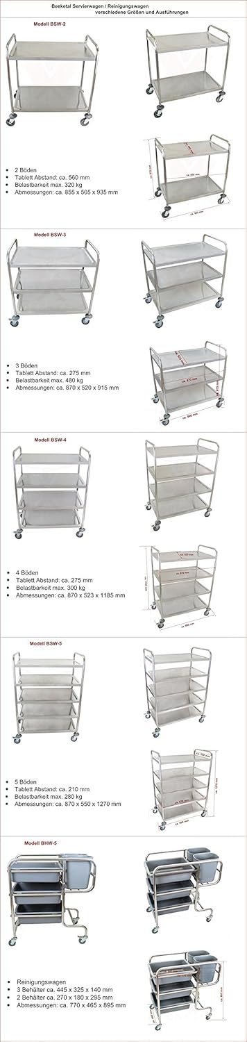 Beeketal 'BSW-2' Edelstahl Servierwagen Transportwagen mit 2 Böden und Rundrohrgestell (belastbar bi