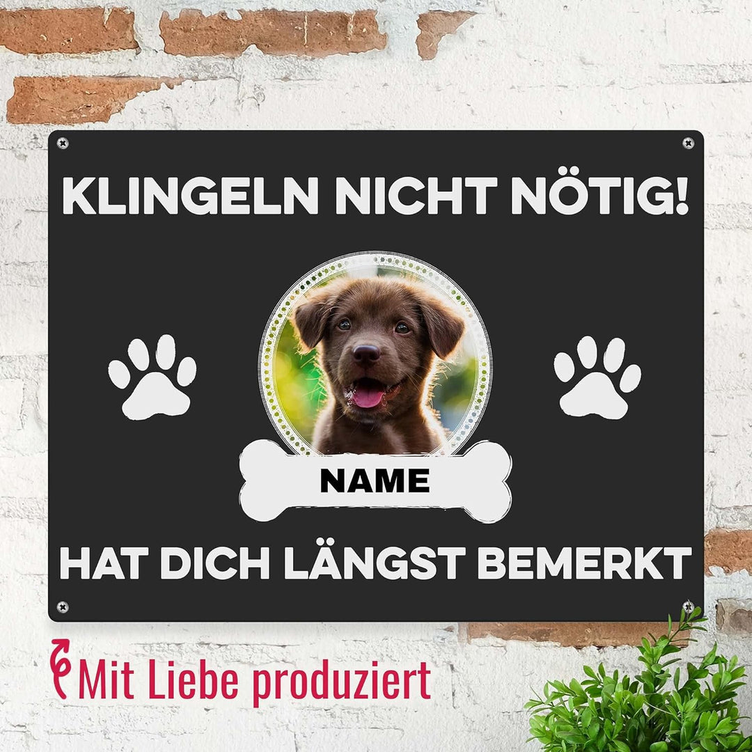 Hunde Schild personalisiert - Klingeln nicht nötig - Metallschild mit Foto und Name für aussen, wett