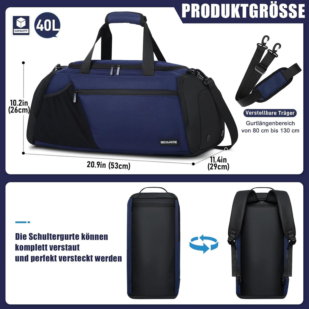 Sporttasche Herren 40L Gross Sporttaschen Reiserucksack Mehrere Taschen Rucksack mit Schuhfach Nassf