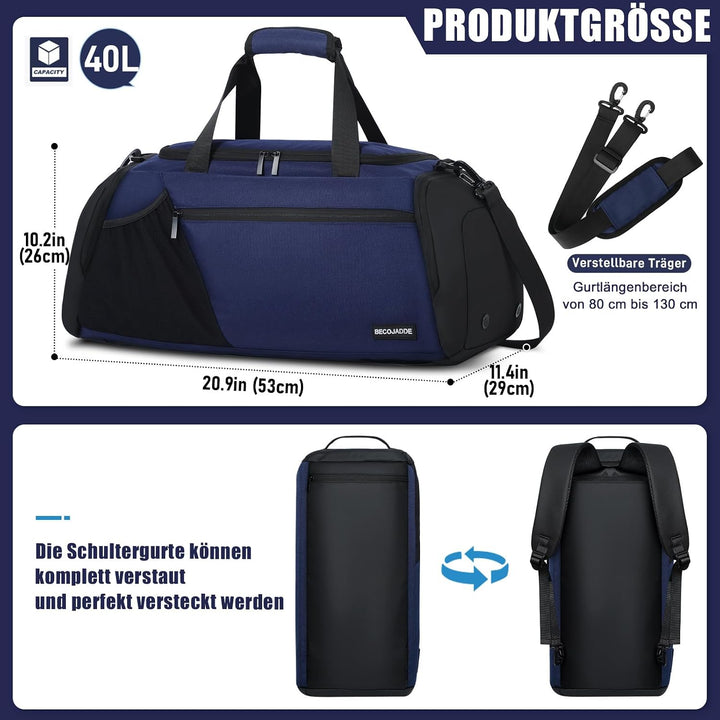 Sporttasche Herren 40L Gross Sporttaschen Reiserucksack Mehrere Taschen Rucksack mit Schuhfach Nassf