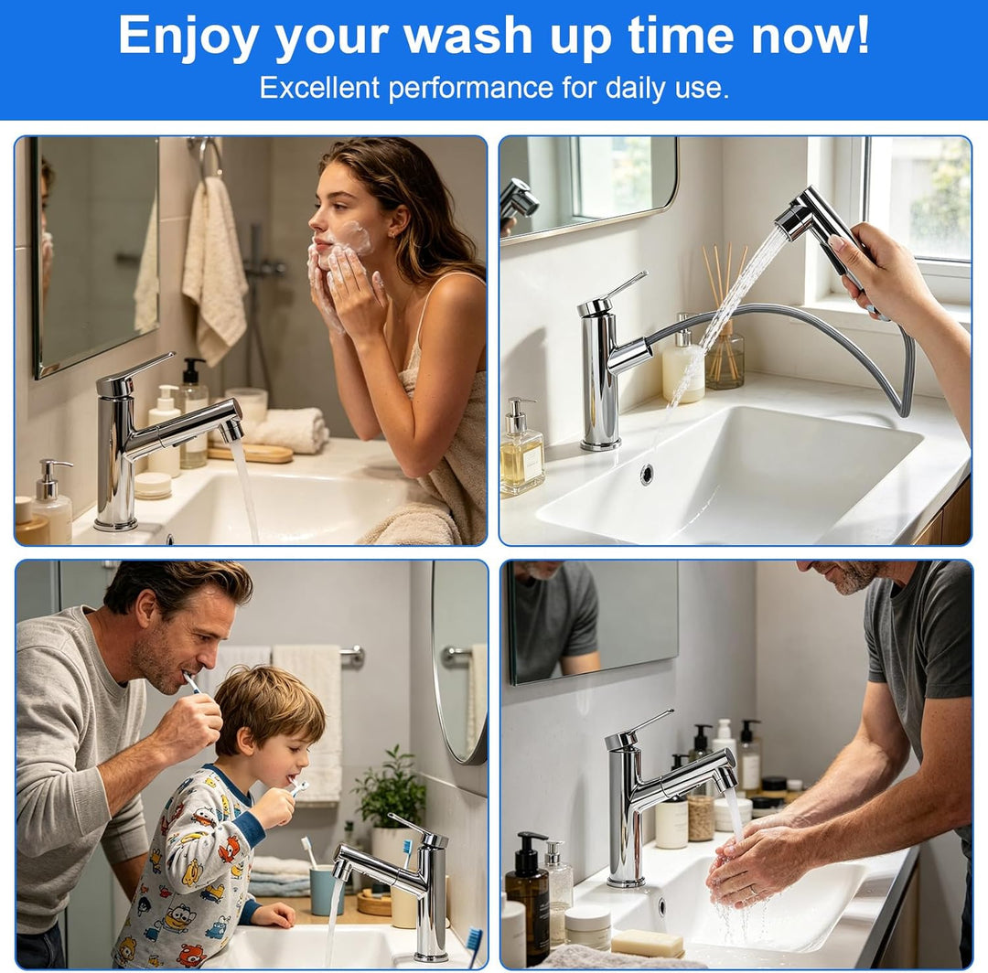 Wasserhahn Bad mit Ausziehbar Brause, Hochdruck Waschtischarmatur Einhebelmischer mit 3 Strahlarten,