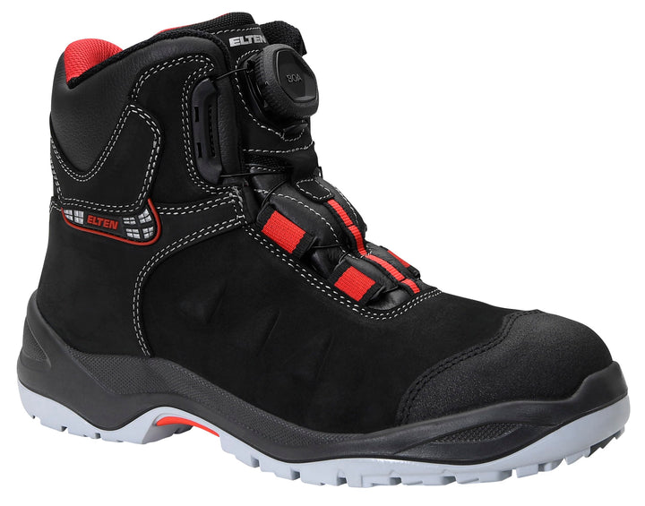 ELTEN Sicherheitsschuhe TILL BOA Mid ESD S3, Herren, Leder, Stahlkappe, leicht, robust, Schwarz/Rot,
