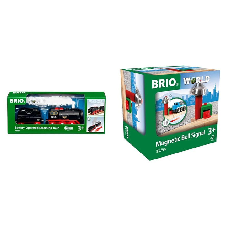 BRIO World 33884 Batterie-Dampflok mit Wassertank &amp; World 33754 Magnetisches Glockensignal - Eisenba