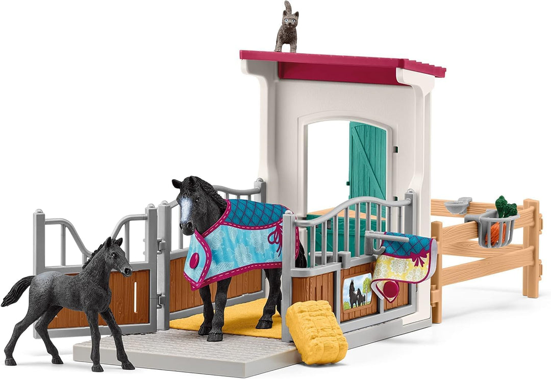 SCHLEICH 42611 Horse Club Pferdebox mit Stute und Fohlen &amp; 42612 Hindernisse Zubehör, für Kinder ab