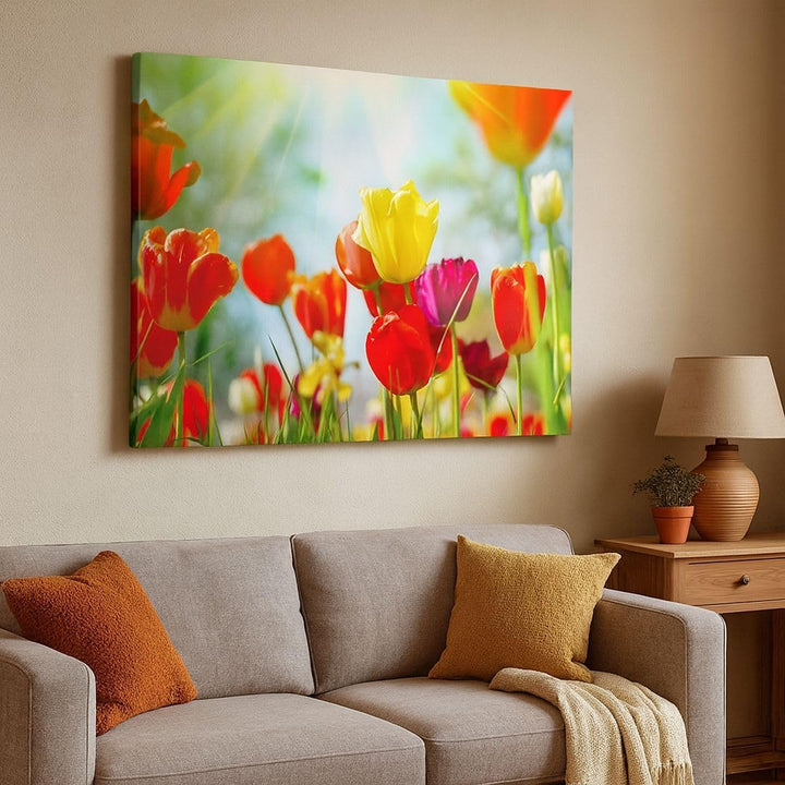 Bilder auf Leinwand 100x70cm Leinwandbild Tulpe Blume Plantage Wiese Gross Wanddeko Bild Schlafzimme