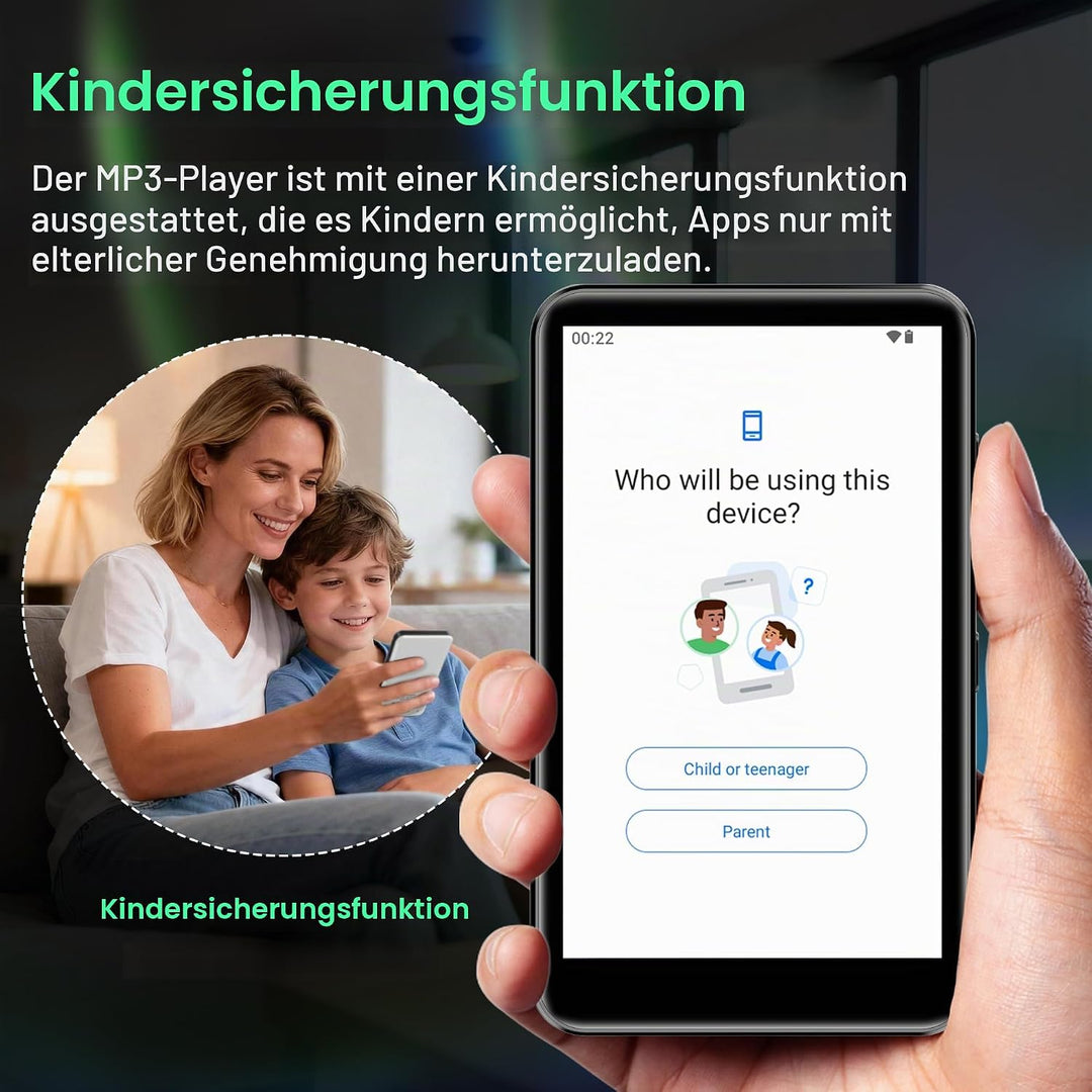 SWOFY D08 Android 13 MP3 Player 32GB, 4 Zoll Touchscreen mit Bluetooth &amp; WiFi, Unterstützt Spotify,