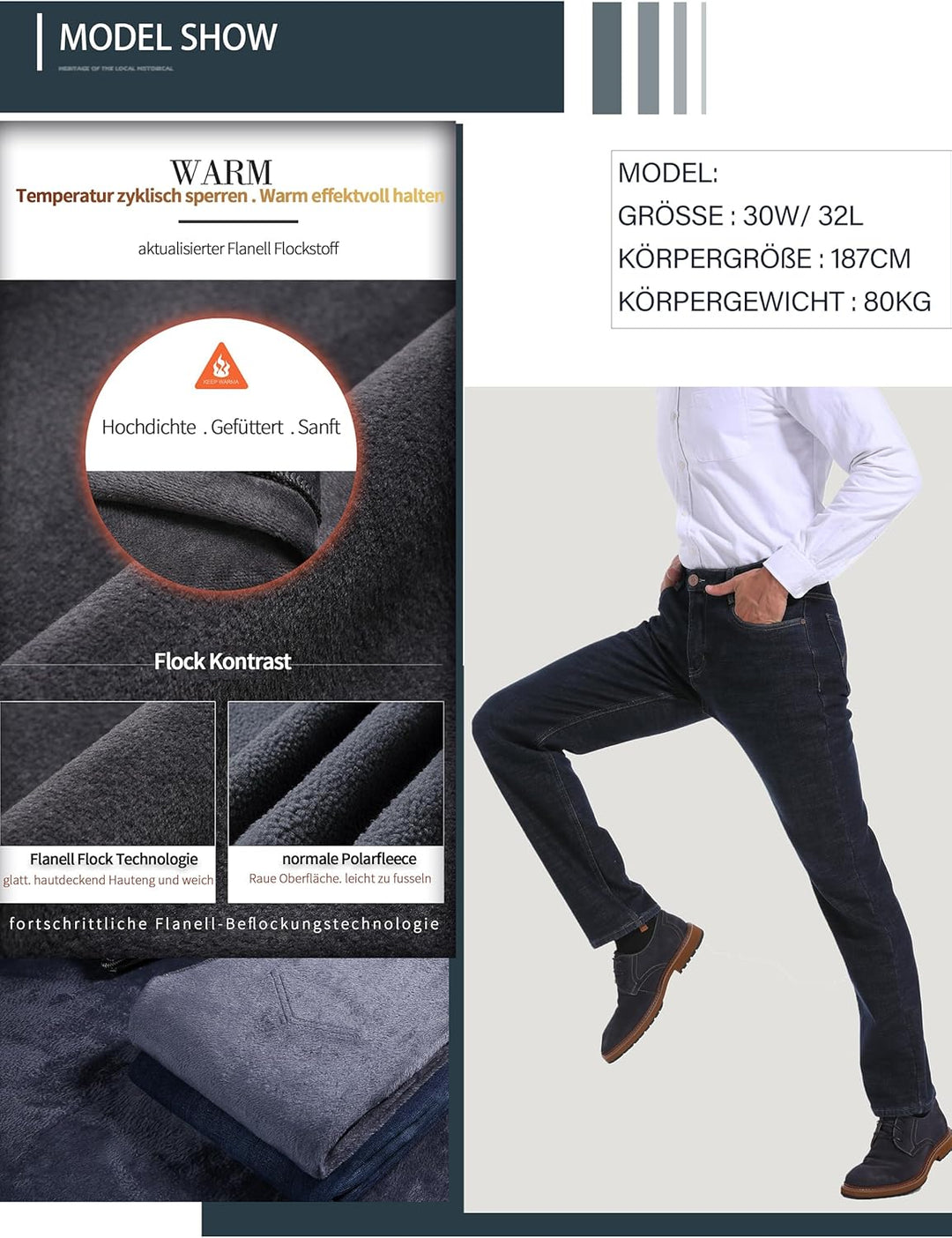 Thermojeans Herren Thermohose Schneehose gefütterte Winterhose Winterjeans mit Fleece gefüttert Hose