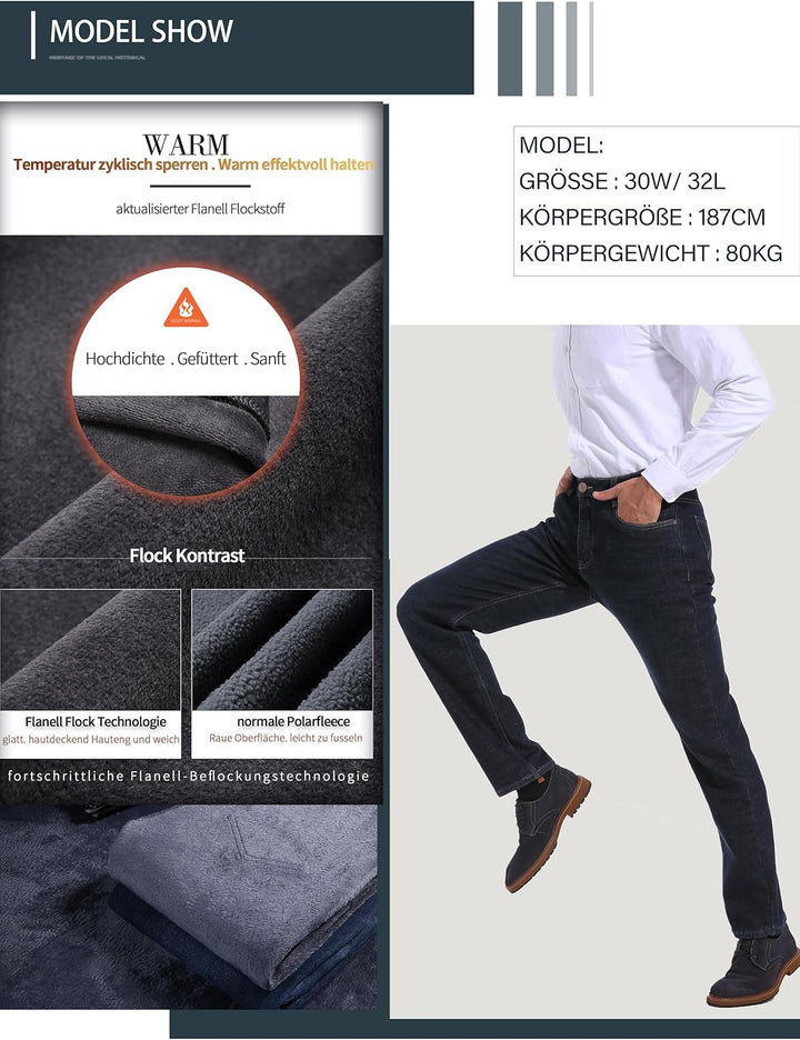 Thermojeans Herren Thermohose Schneehose gefütterte Winterhose Winterjeans mit Fleece gefüttert Hose