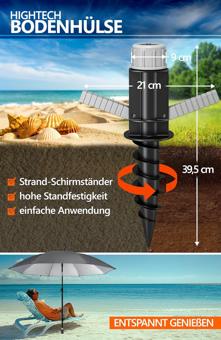 4smile Sonnenschirm Strand SunnyJoy Ø 180 cm, 3-IN-1 Set - UPF 50+ Strandschirm + Sonnenschirm Schut