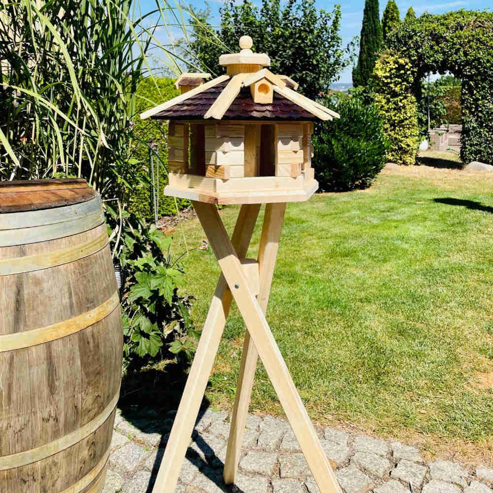 Sechseck Vogelhaus aus Holz L - XL Futterstelle mit und ohne Ständer handgefertigt (L mit Ständer, B