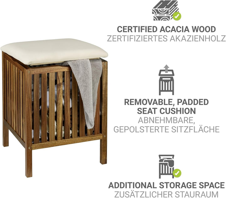 WENKO Bad- & Wohnhocker Mod. Fondi aus massivem Akazienholz mit abnehmbarem Deckel und beigem Sitzpo