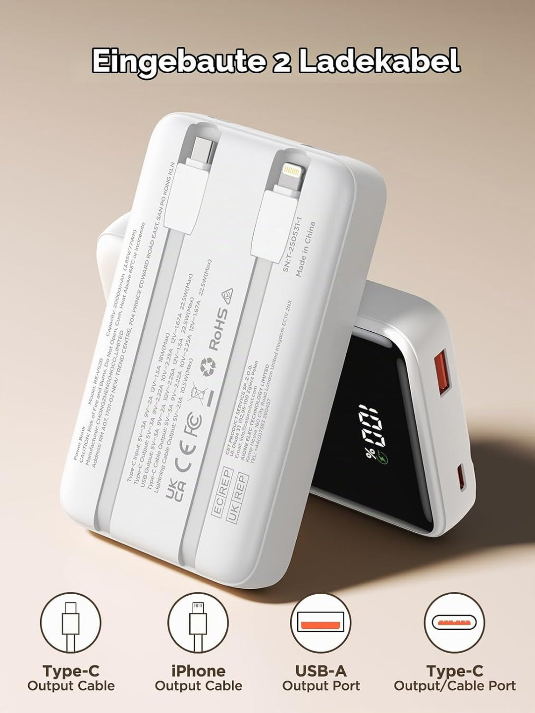 Aioneus 20.000 mAh Powerbank mit integrierten Kabeln, 22,5 W PD Schnellladegerät, tragbares Ladegerä
