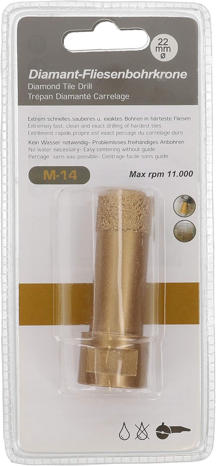 PRODIAMANT Profi Fliesenbohrer Fliese 22 mm x M14 Diamantbohrer Winkelschleifer für trockenbohren in